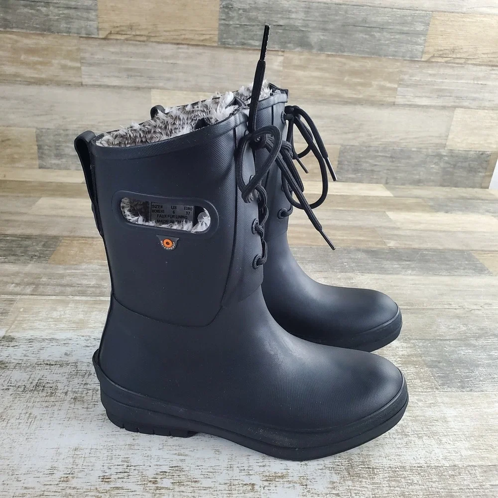 BOGS Amanda II Women Lace Waterproof Rain Boots Sz 6 Black Plush Comfort Lace Up